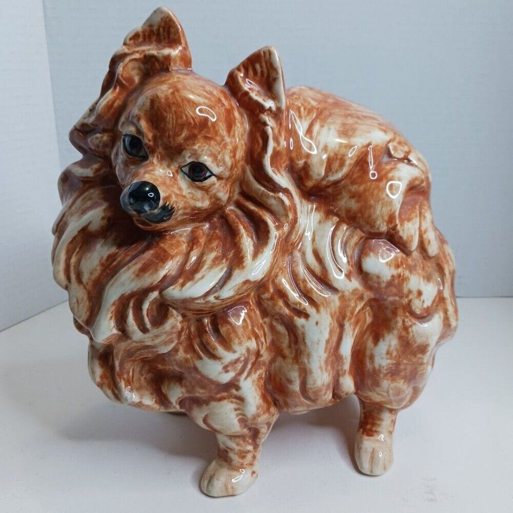 Vintage Large Brown Ceramic Pomeranian Dog Figure Ceramic Statue